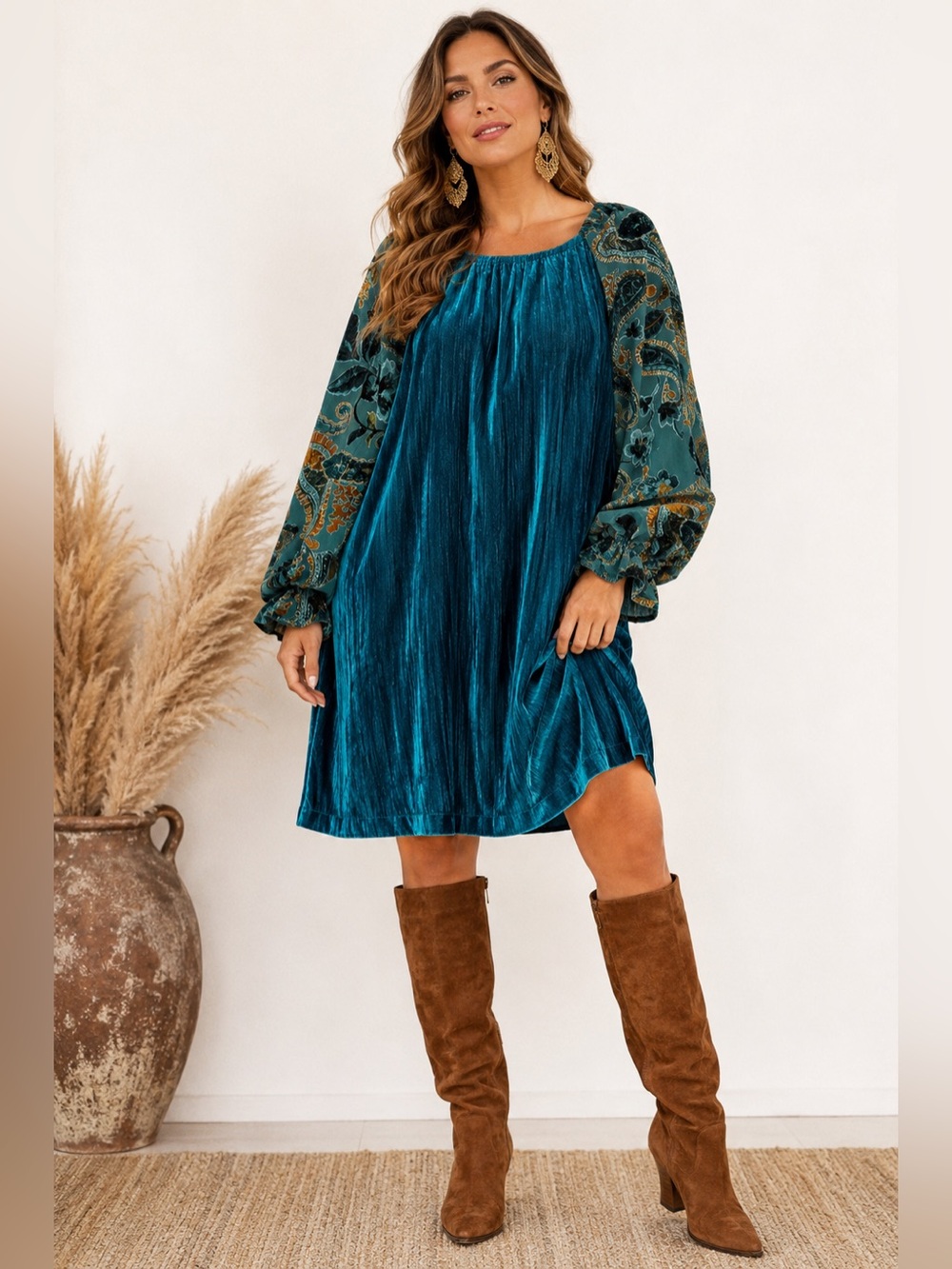 Umgee Teal Crinkled Velvet Mini Dress with Paisley Puff Sleeves